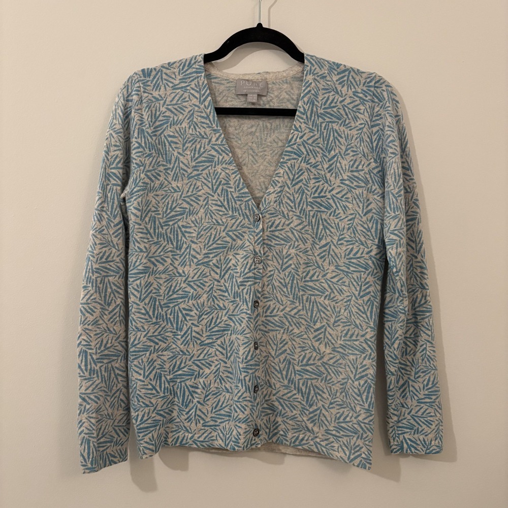 PURE 100% Cashmere Leaf Floral Cardigan Sweater Size 6 Quiet Luxury Preppy Boho